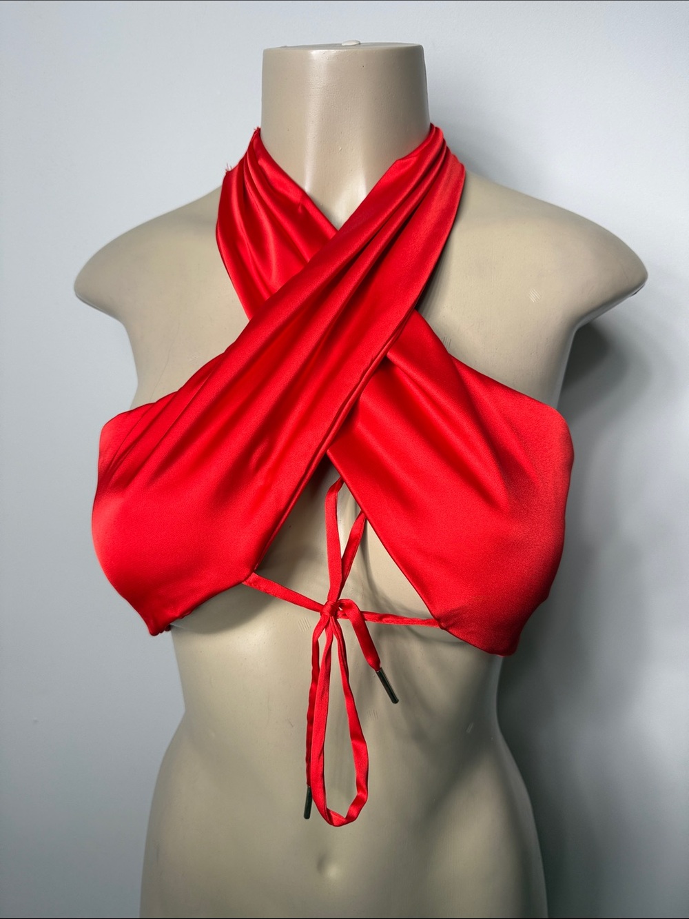 Red Satin Cross-Front Tie Bandeau Halter Top